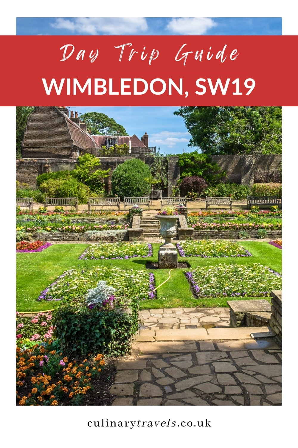 Pinterest pin graphic for a Wimbledon SW19 day trip guide, showing the formal gardens of Cannizaro Park with a red overlay reading “Day Trip Guide”.